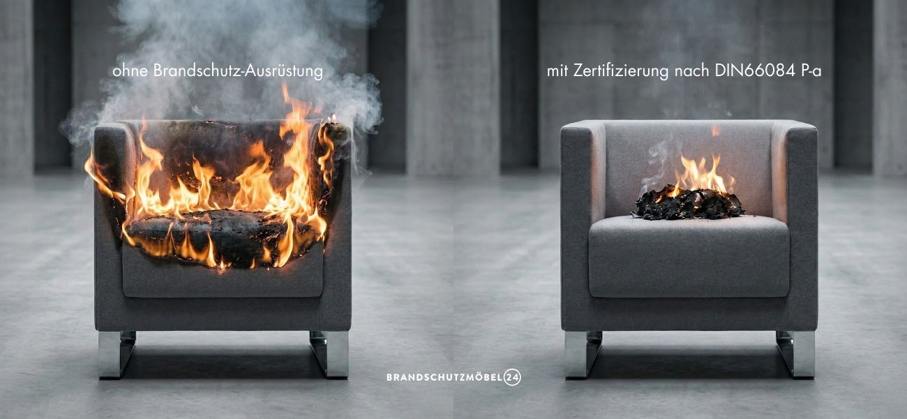Vergleich Brandschutz bei Möbeln: Loungesessel ohne Brandschutz und mit Zertifikat nach DIN66084 P-a