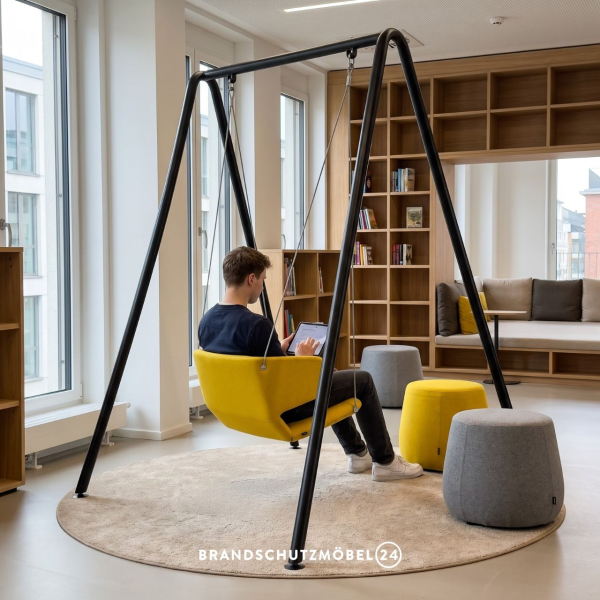 Schaukel-Sessel schwer entflammbar mit Gestell - ideal für Bibliothek / Ruhe-Zonen / Loungebereiche.